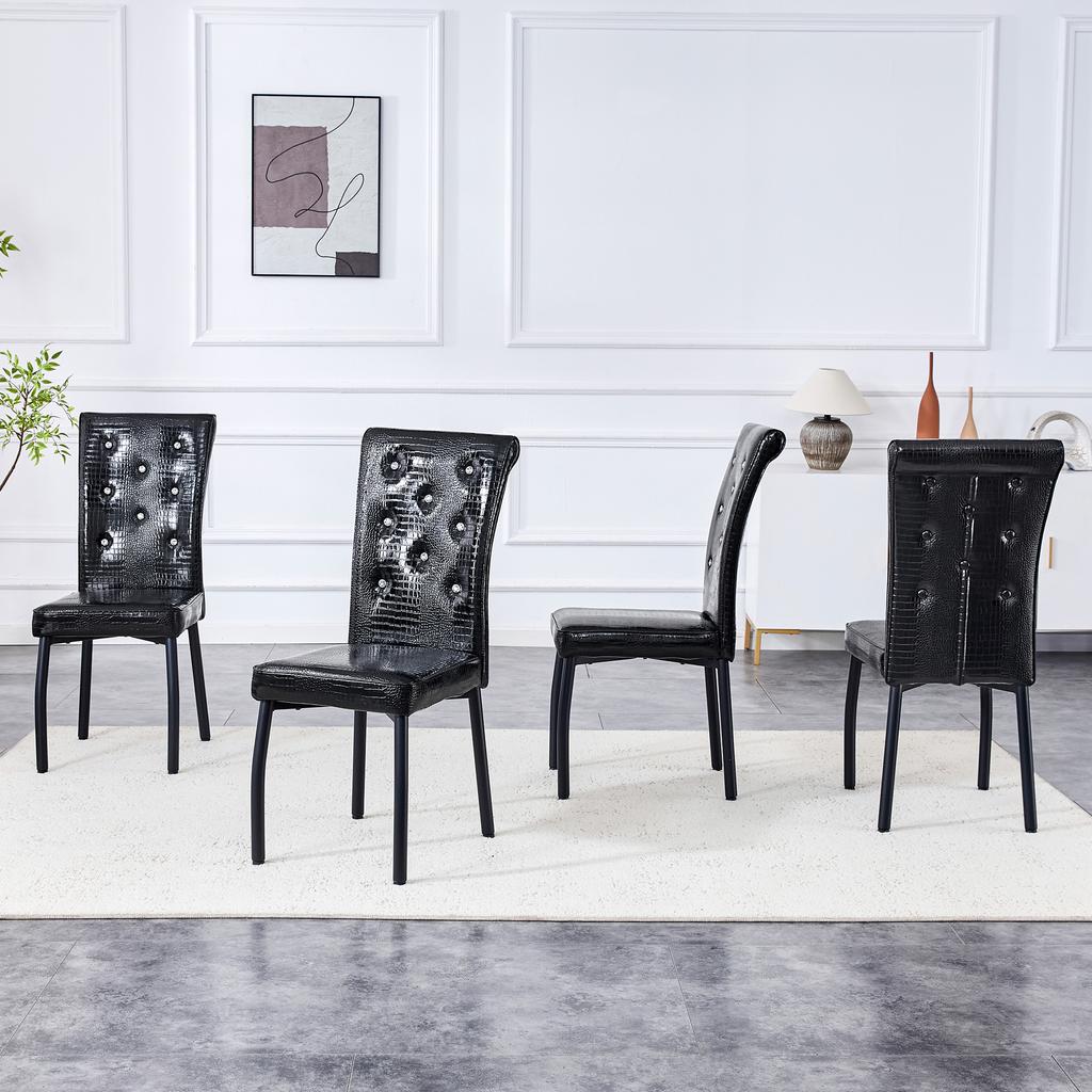A Set of 2 Black Vintage Crocodile Leather Upholstered Dining Chairs, with Crystal Buckle and Faux Leather, Add Elegance and Mystery To Dining Area
