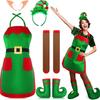Adult Women Santa Claus Xmas Green Elf Apron Dress Socks Hat Sets Christmas New Year Cosplay Costumes Performance Role Play Outfit