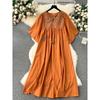 Women's Clothing Retro Belly Covering Slim Looking Dress Embroider