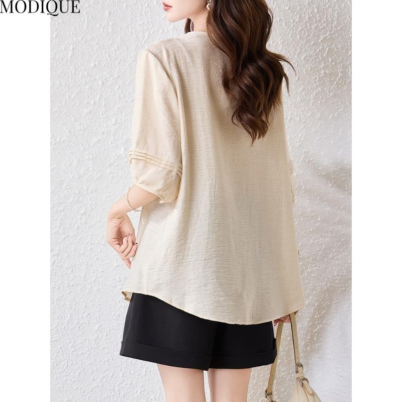 MODIQUE Spring Summer Plus Size New Women Loose Vintage Solid Blouse Shirts Female Casual Oversize Short Sleeve V-Neck Top Office Lady