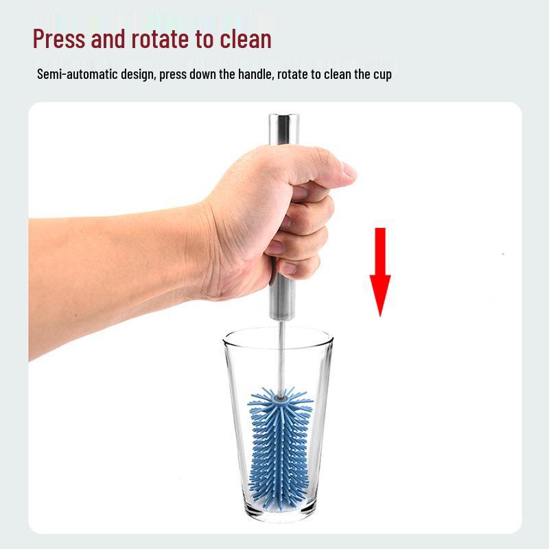 Lisovací silikonový rotační čisticí kartáč na dětské lahve, kelímky na vodu, čajové šálky, sklenice - Dlouhá rukojeť, poloautomatický