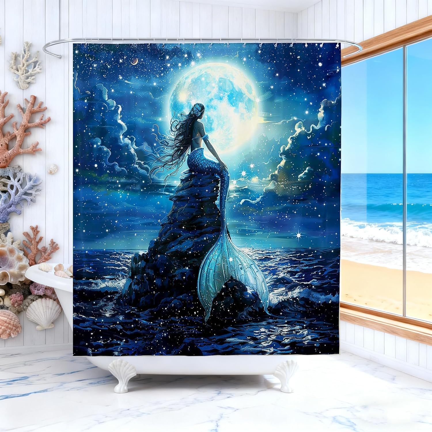 Mermaid Shower Curtain Moon Night Ocean Starry Sky Fantasy Art Sea Theme Bath Decor Waterproof Fabric Home Accessories 90x180cm35x71in