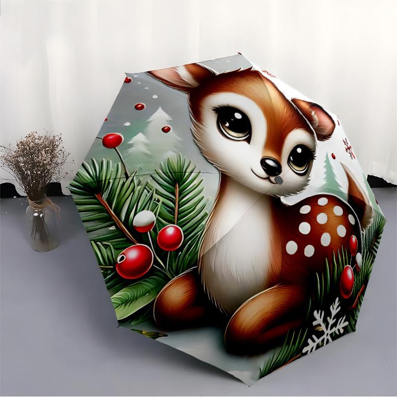 1 Stück Winterhirsch Automatischer Faltregenschirm Kompaktes 8-Rippen-Design, Langlebiger Eisenrahmen für Reisen, Outdoor, a0920084