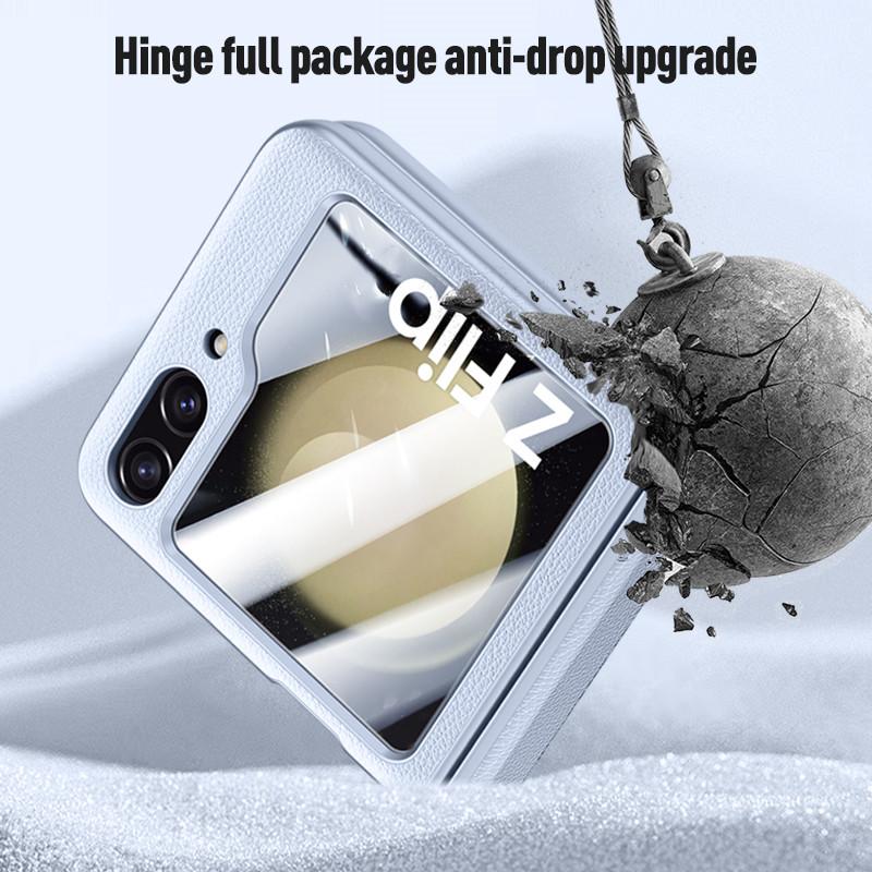 For Galaxy Flip5 5G Luxury Leather Tempered Glass Film Case for Samsung Galaxy Z Flip 5 Flip5 Hinge Protection Cover Capa