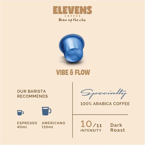 ELEVENS COFFEE | Vibe & Flow | Spezialkaffeekapseln | 100% Arabica | 11 Aluminium-Kaffeepads (10 + 1) | Dunkle Röstung | Intensität 10