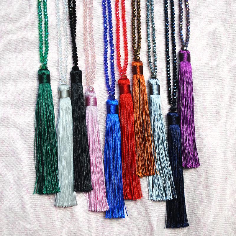 Velvet Thread & Crystal Beaded Tassel Necklace: 10-Color Handmade Women's European & American Long Chain Jewelry