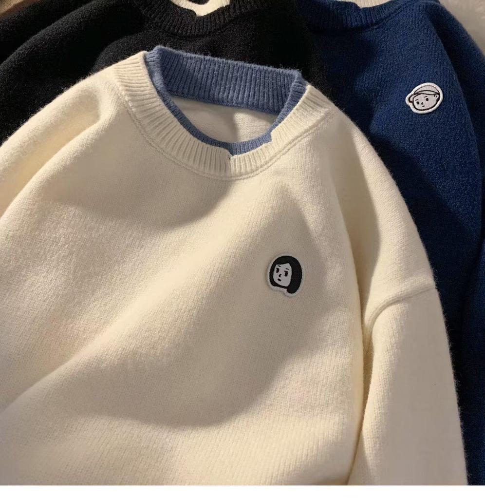 Men's Loose Fit Color Block Knit Sweater - Autumn/Winter Hong Kong Style with Round Neck, Couples Design