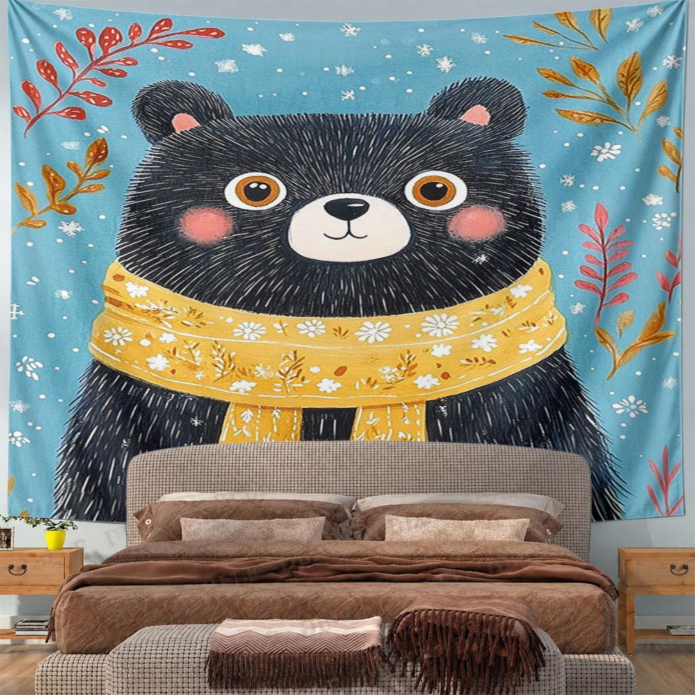 Black Bear with Yellow Floral Scarf Pattern Wall Hanging Tapestry Decorative Tapestry Home Decor for Bedroom and Living Room