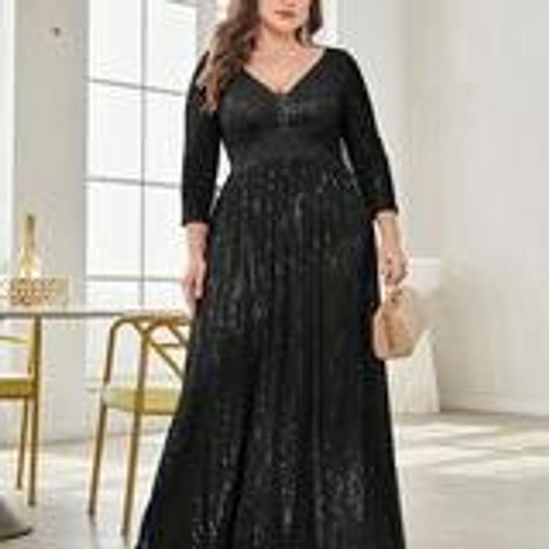 New Plus-Size Evening Dress with Sequins and Long Sleeves, Birthday Gown, Banquet Party Dress