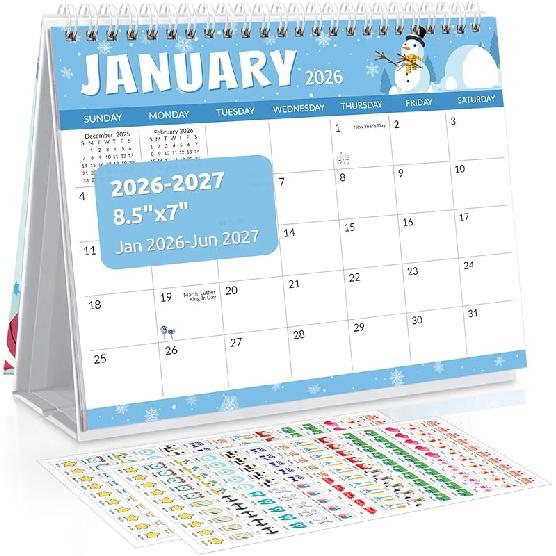 SKYDUE Small Desk Calendar 2026-2027, Jan. 2026 to Jun. 2027, 18 Months Small Desk Calendar with Planner Stickers, 8.5  x 7  Desktop Calendar Holiday 2025-2026