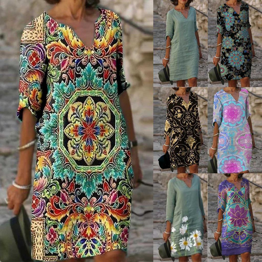 Women Half Sleeve V-Neck Casual Hot Vacation Printed Short   Dress