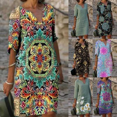 Rochie scurtă casual pentru femei, cu mânecă jumătate, decolteu în V, cu imprimeu, pentru vacanță fierbinte