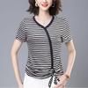 Striped V-neck T-shirt Korean Summer Style Slanted Button Irregular Hem Fashionable Shirt Slim Drawstring Top for Women