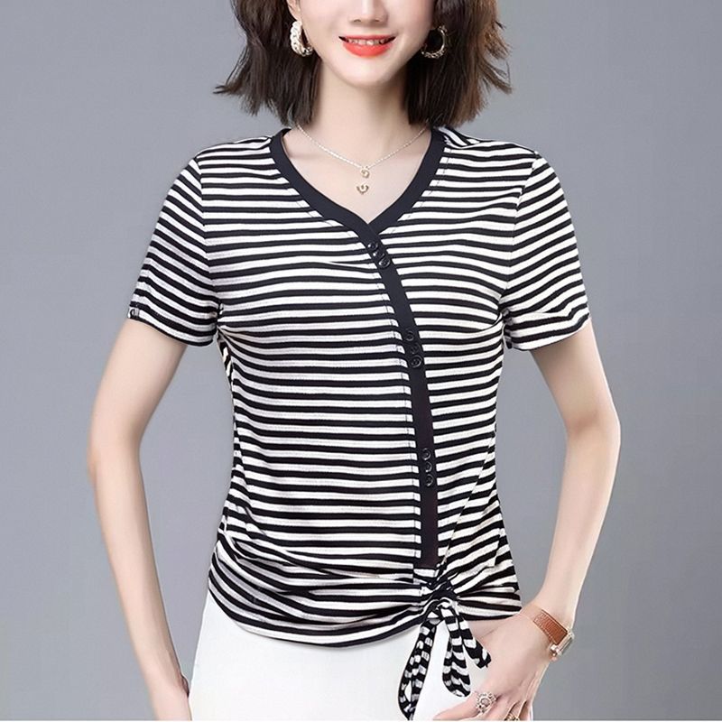 Striped V-neck T-shirt Korean Summer Style Slanted Button Irregular Hem Fashionable Shirt Slim Drawstring Top for Women