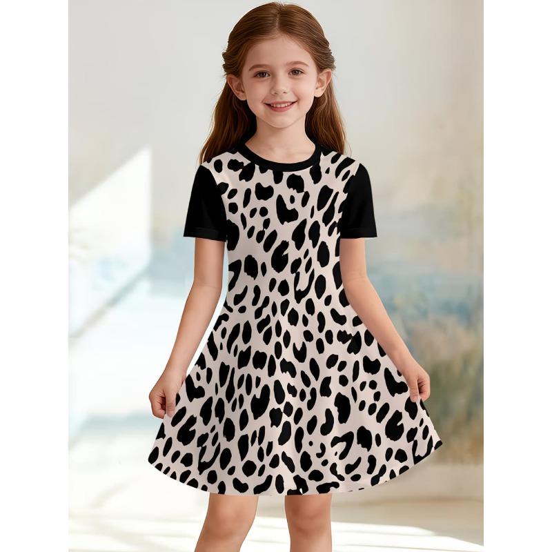 

Leopard Print Summer Girls Dress Short Sleeves All Printed Frocks Cute A-Line Princess Dress for Young Girls 110