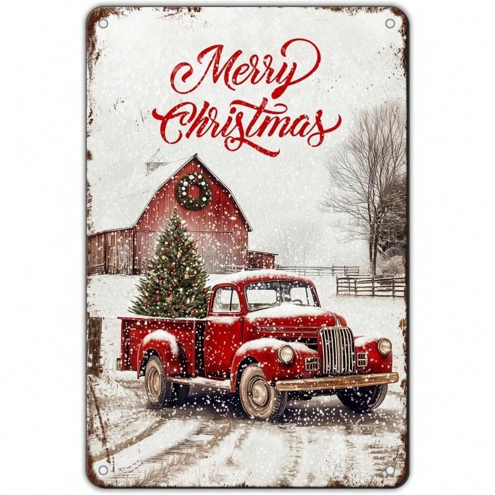 

Vintage Christmas Red Truck Metal Tin Sign Wall Art 8x12 Inch Garage Home Decor Gift 20x30