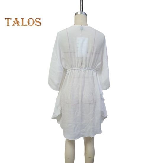 Cover Up Dress V-Neck Batwing Sleeve Hollow Pattern Neckline Bikini Swimsuit Cover Up with Elastic Waist Summer Outdoor Wear