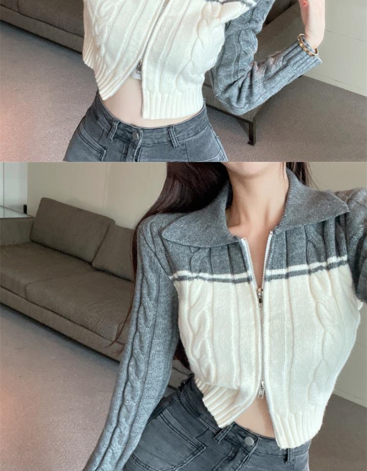 Spicy Girl Polo Collar Cropped Knit Cardigan Sweater - Women's Autumn Long Sleeve Slit Top