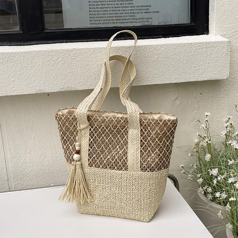 Straw Woven Tote Bag Women Summer Beach Handbag Natural Rattan Shoulder Bag Casual Vacation Style Bag