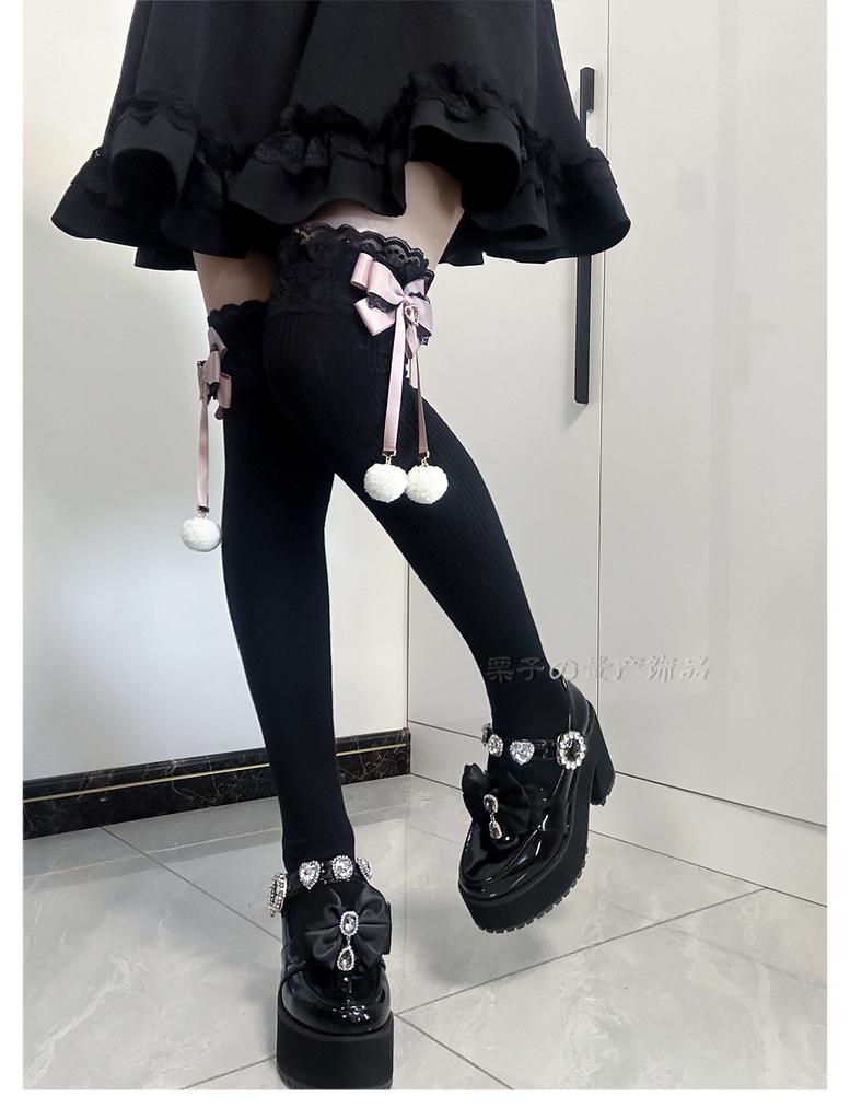 Long Tube Hairball Bow Medium Tube Socks Lolita Above Knee Socks Lace Stockings Jk Girl