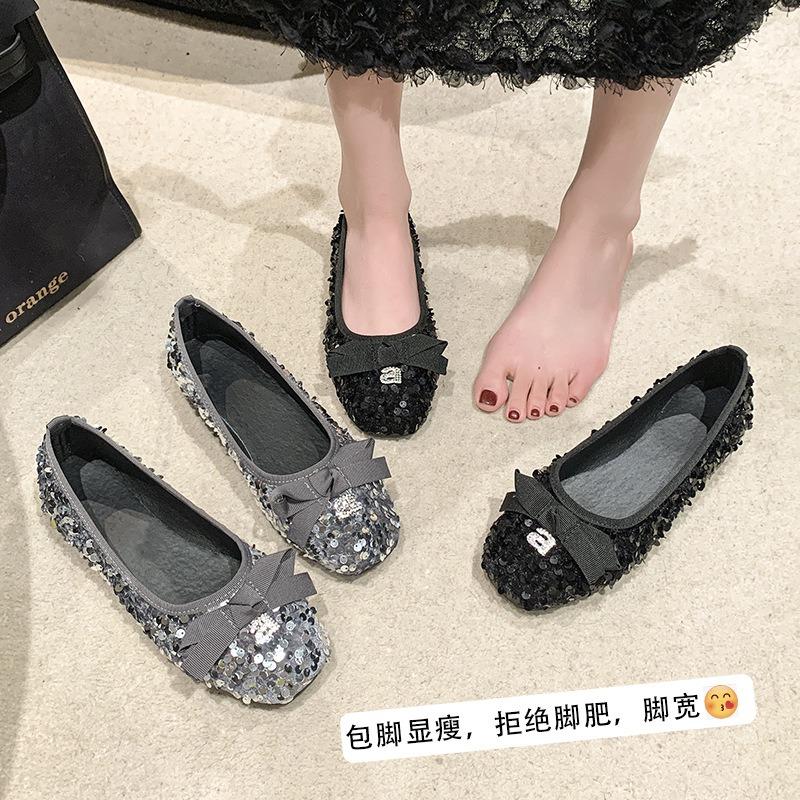 Sequined single shoes women's spring retro bow flats gentle grandma beanie shoes