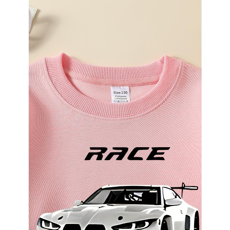 European Size Race Car Speed Design White Sport Crew Neck Fashion Sweatshirt, Autumn and Winter Western Style Top, Children's Long Sleeved