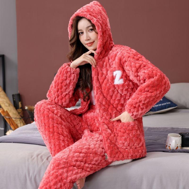 Pajamas women's winter three-layer thickened models fleece coral fleece warm padded cotton autumn and winter women's loungewear