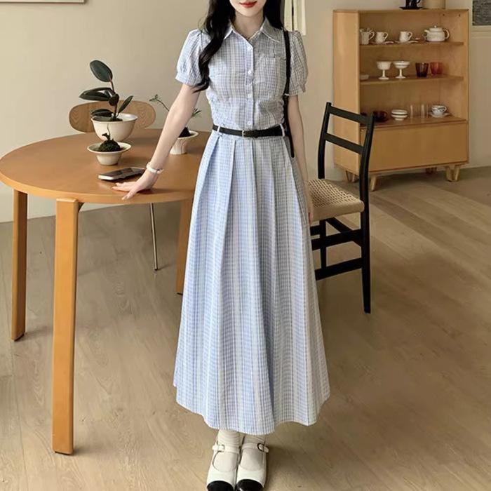 French blue striped shirt dress women s clothing summer new waist and thin temperament a-word long dress S светло-синий