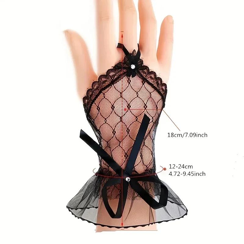 Lace Short Gloves for Women Bridal Wedding Lolita Style Mesh Hand Sleeves with Handmade Ribbon Bow And Hook Finger Glued