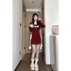 Autumn France Red Elegant One Piece Dress Women Bow Sexy Chic Long Sleeve Slim Dresses Female Korean Fashion Solid Party Clothes