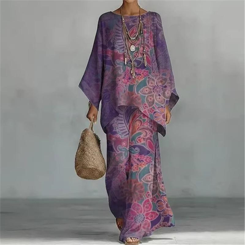 16 European and American artistic sense abstract graffiti cotton and linen set, round neck bat sleeve top + wide leg pants loose two-piece set