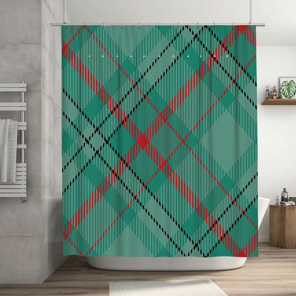 Plaid Shower Curtain Fabric Waterproof Decoration For Bathtub Modern Design Bathroom Accessories (Teal Red)