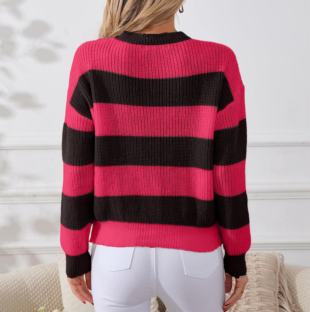 Women's Striped Sweater, Loose And Laid-back, Long-sleeved Pullover, Round-neck Knitted Top