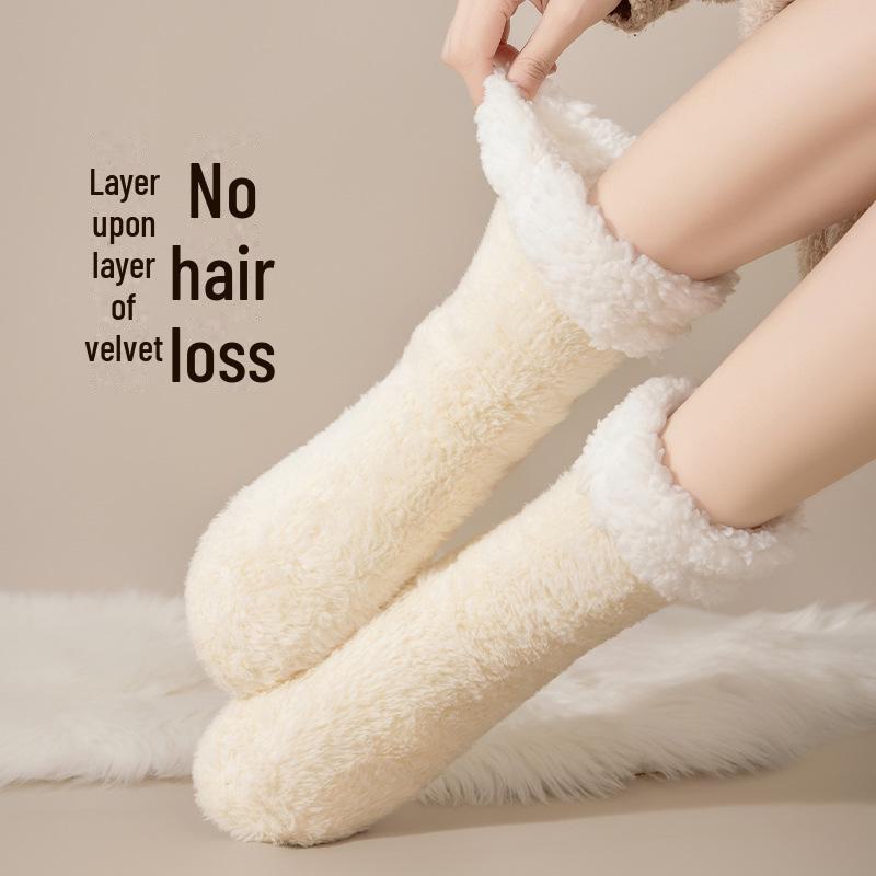 Damen Plüsch Mid-Tube Anti-Rutsch Socken für Herbst & Winter - Warme, Dicke, Haus-, Schlaf- & Wochenbett-Socken