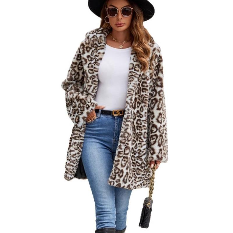 Warm ladies imitation fur coat plush jacket cold imitation fox leopard print big