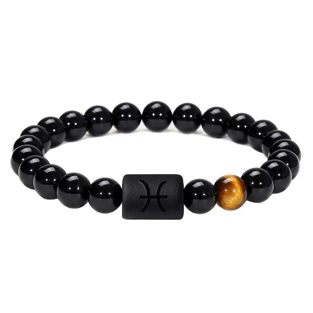 Sternzeichen Armband für Männer 8mm Naturstein Schwarzer Onyx Tigerauge Stein Sternzeichen Konstellation Freundschaft Gebet Segnung Armband Geschenke