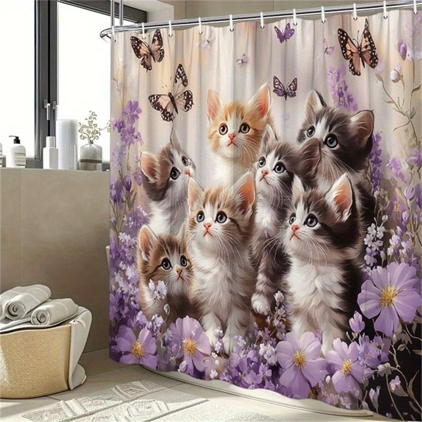 1pc Whimsical Tabby Cats Shower Curtain - Butterfly Accents, Polyester, 12 Hooks, Easy Care, Modern Bathroom Decor