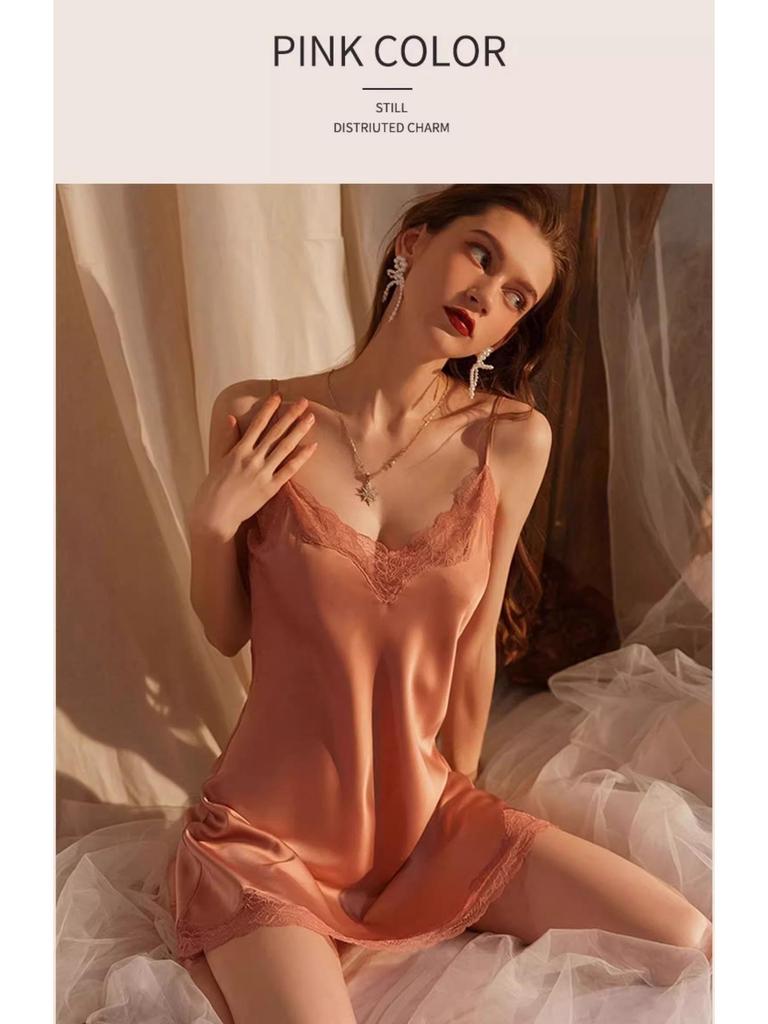 Camisón de Encaje de Seda de Hielo de Alta Gama Verano 2025 para Mujer - Estilo Puro Deseo con Almohadilla en el Pecho, Talla Grande Disponible