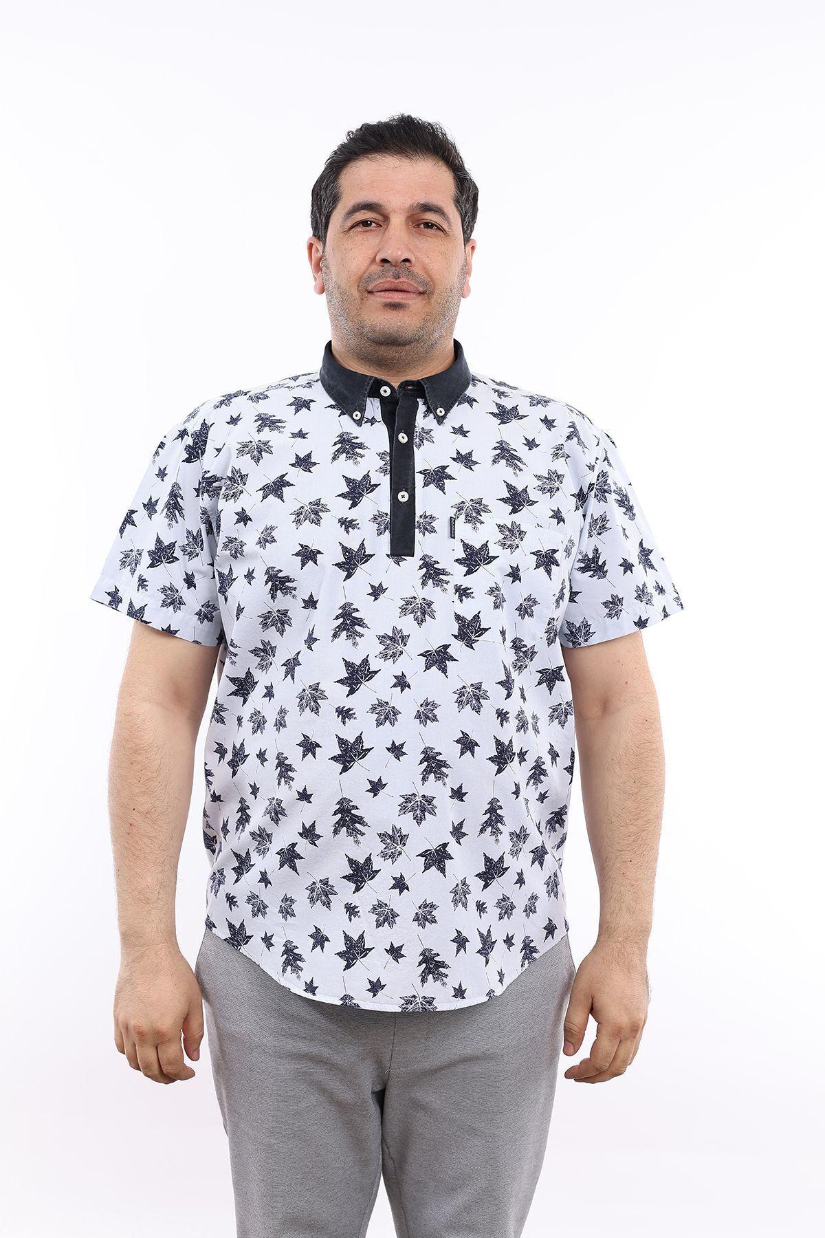 

Мужская рубашка больших размеров больших размеров Мужская рубашка больших размеров с половиной планки и узором в виде листьев Голубая рубашка на пуговицах с коротким рукавом 3XL