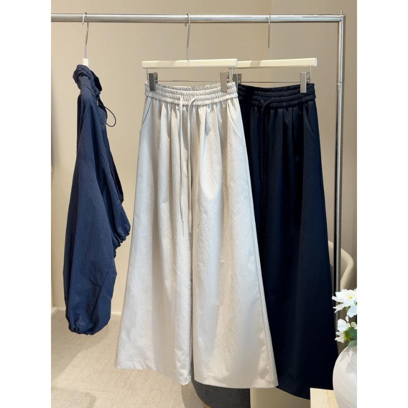 Elastic waist lace-up casual pants women's autumn new solid color loose and thin versatile simple straight wide-leg pants