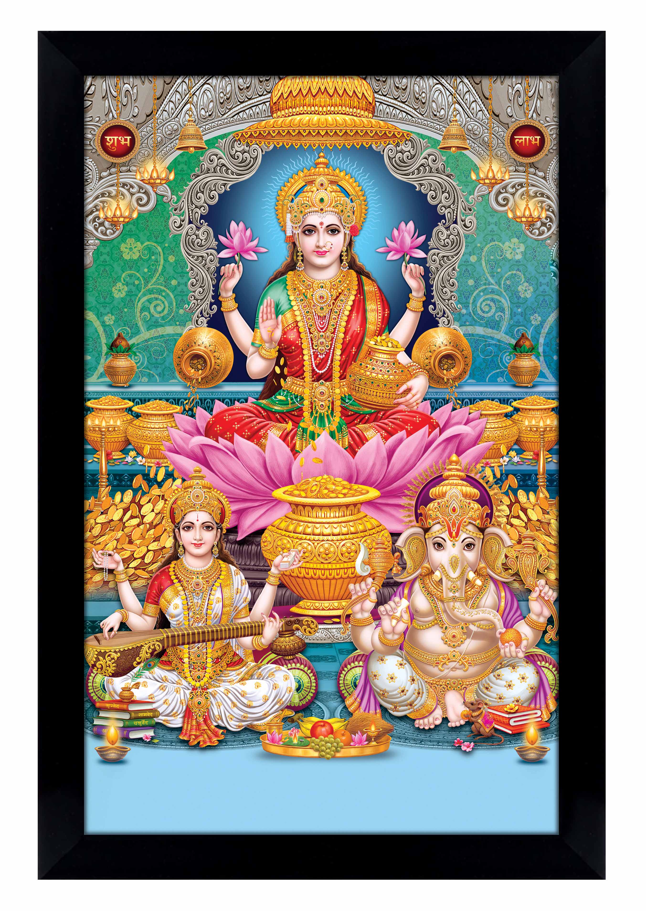

IBA Indianbeautifulart богиня Лакшми и Сарасвати с лордом Ганешем фоторамка религиозный плакат черная настенная рамка божество фоторамка 6 x 8 inches чёрный