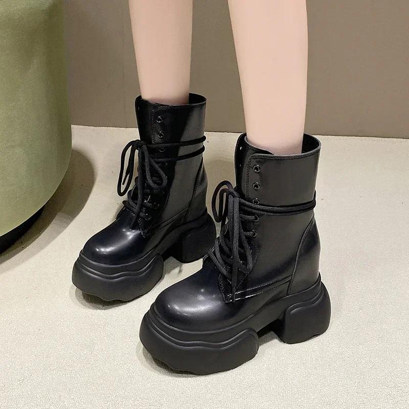 Fashion 2025 New 11cm Women Ankle Boots Platform Mid-Calf Motorcycle Women Shoes Boots Autumn Winter Warm Non-slip Female Short Boots