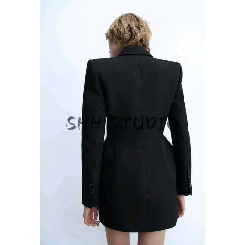 Spring New Women's Clothing Breasted Streamers Padded Shoulder Lapel Long Sleeves Double Breasted Dress Suit 2491797