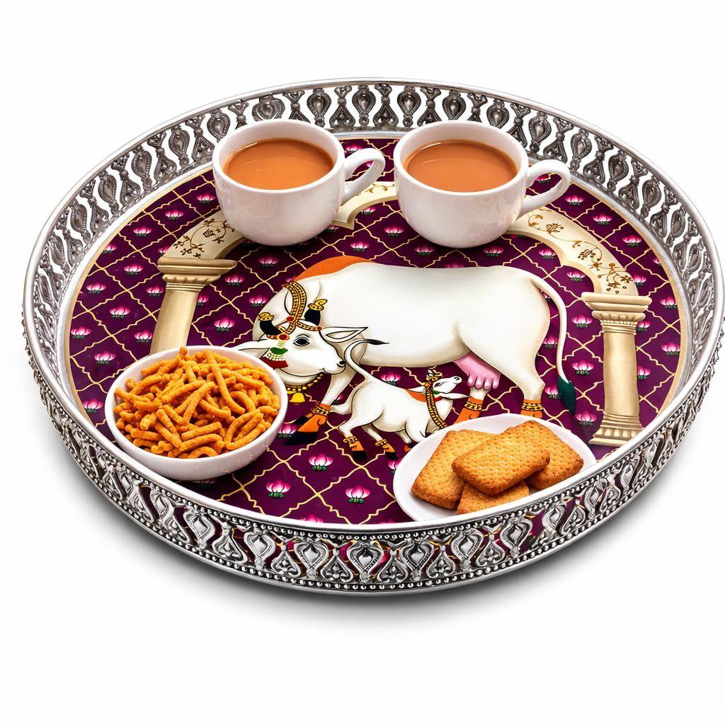 Handcrafted German Silver Pichwai Cow Design Tray 8 Inch | Round Pooja Thali | Decorative Serving Tray