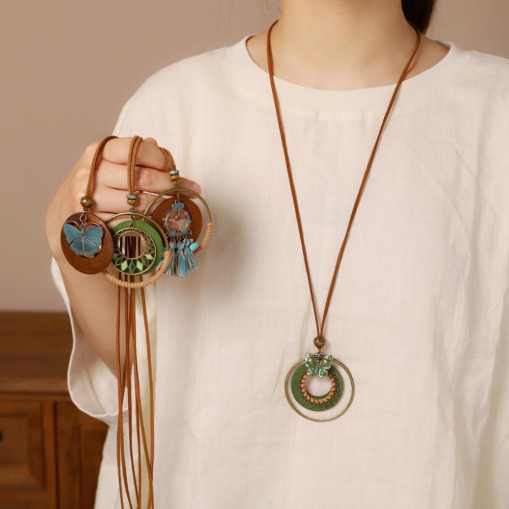 Bohemian style long necklace, vintage ethnic style knitted sweater chain accessory