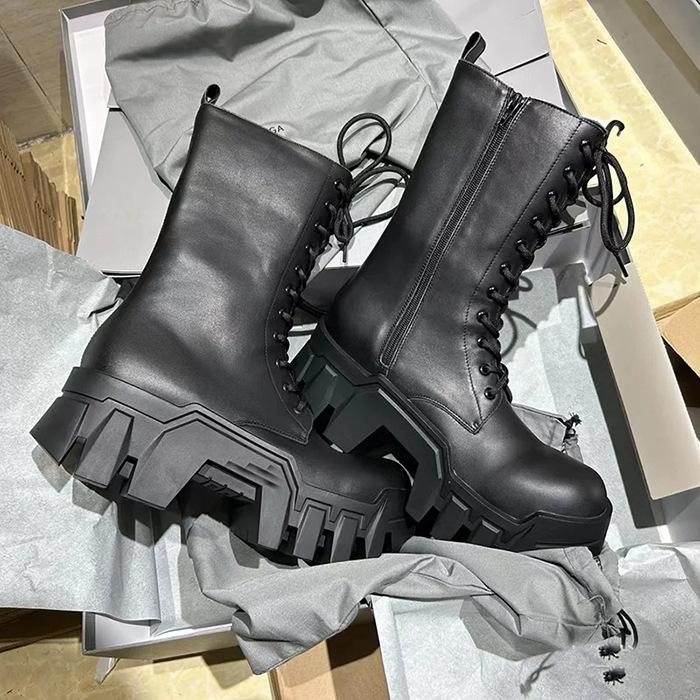 Fashion Metal Thick Bottom Mid Calf Boots Dark Rock Punk Belt Buckle Round Toe Height Increase Lace-up Zipper Fashion Women Shoes Newest