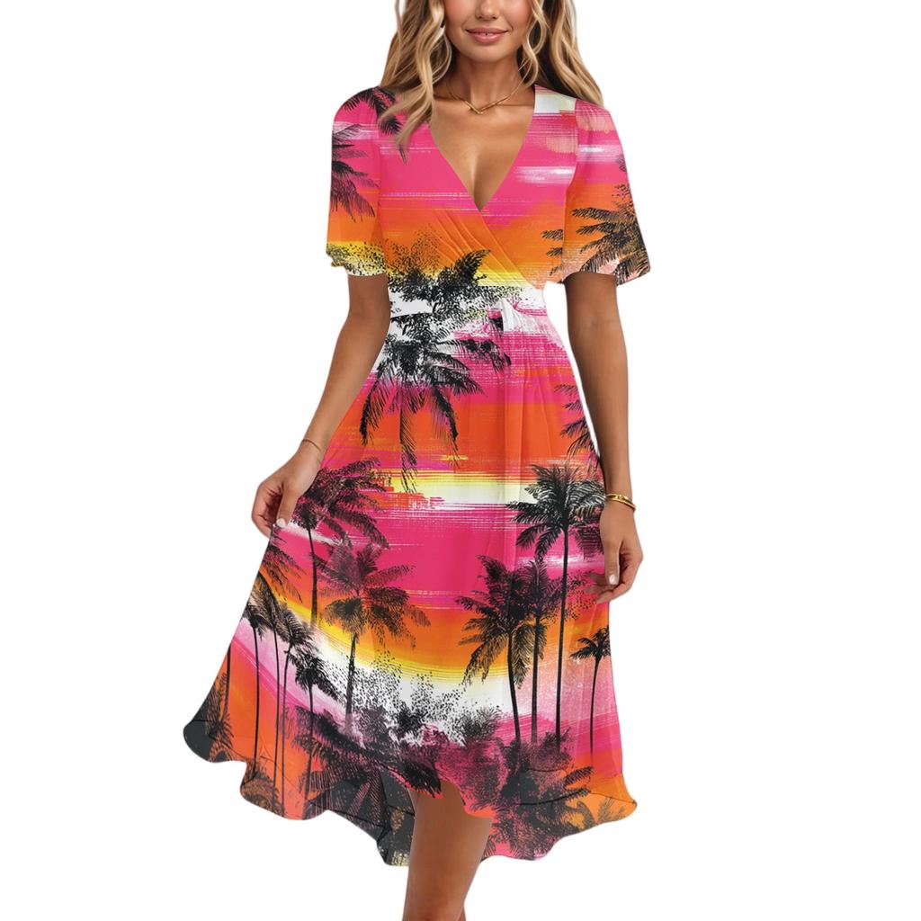 Women's Fashion Casual V Neck Short Sleeve Ruffled Vintage Printed Dresses
