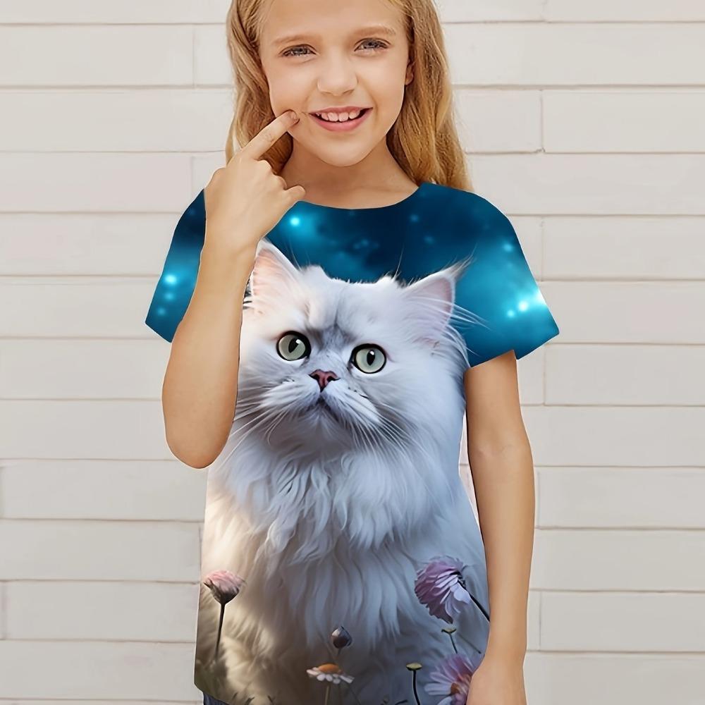 

Детская одежда Повседневная 3D кошка Графический короткий рукав Топы Футболка Детская одежда для девочек от 2 до 8 лет Лето Открытый 160