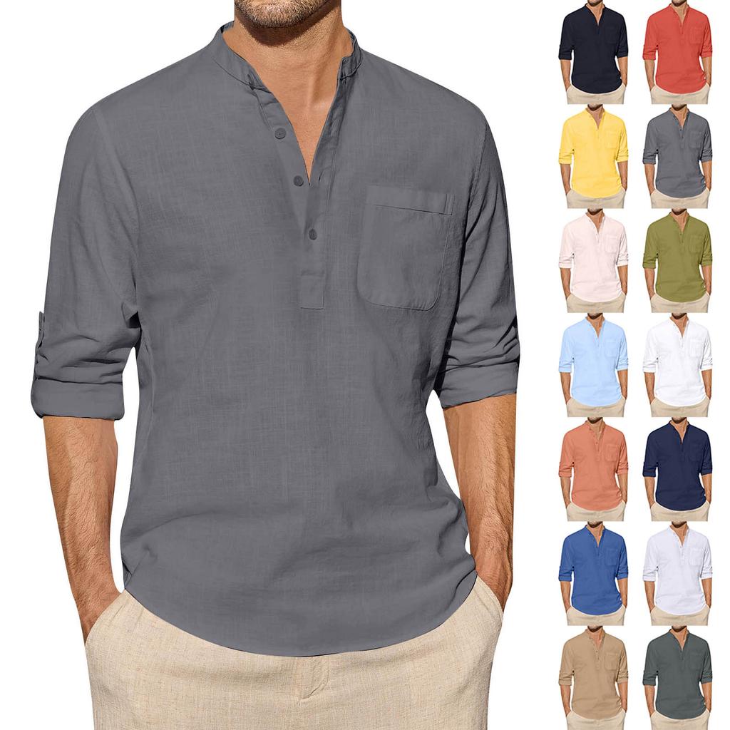 Designer Spring Summer Men's Casual Cotton Linen Solid Color Long Sleeve Shirts Loose Stand Collar Shirts