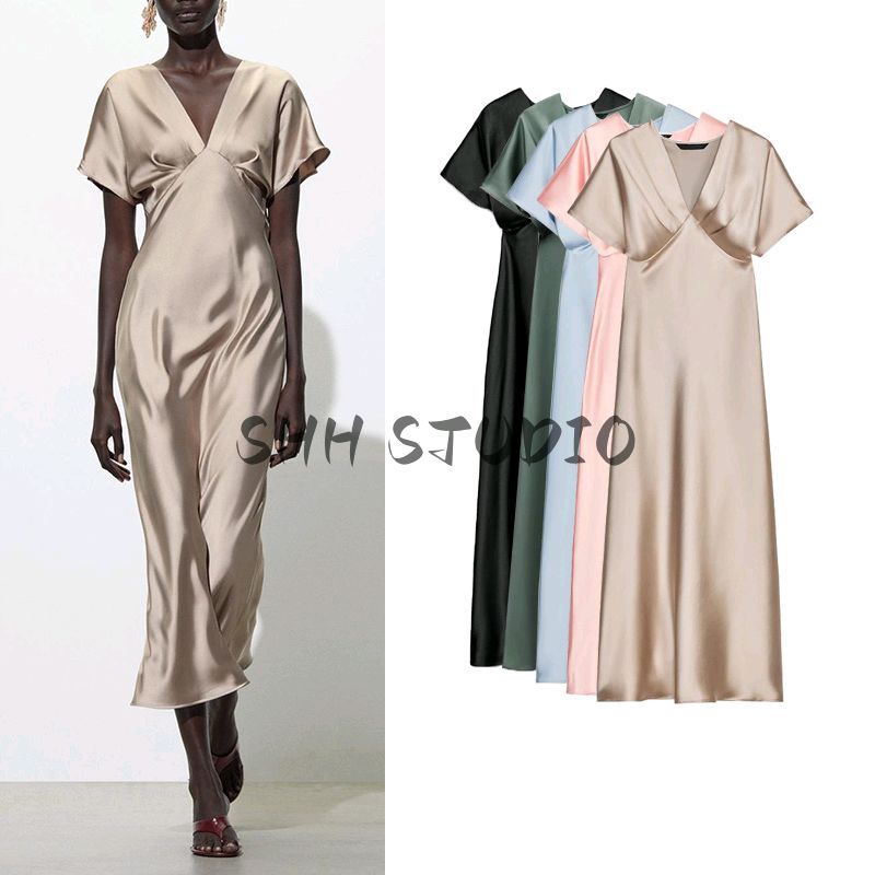 Summer New Product Women's Clothes French Style V-neck Elegant Long Silk Satin Texture Midi Skirt Dress 2330399